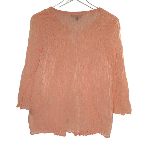 Lafayette 148 Size 10 Coral Peach Crinkle Button Front Shirt Tie Neck - Picture 2 of 8